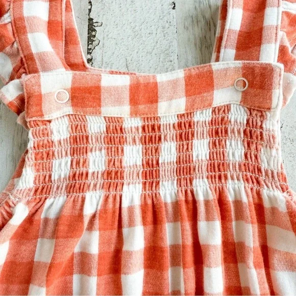 Angel Dear Harvest Pumpkin Smocked Bubble Romper Overalls Orange Gingham 6-12 mo - Picture 5 of 14